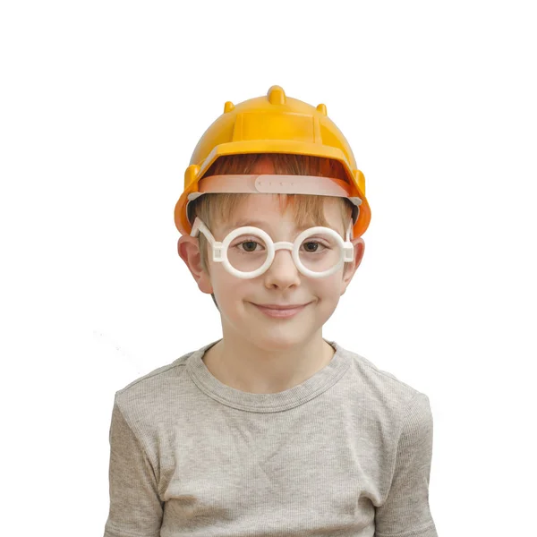 Rapaz Capacete Construtor Óculos Isolar — Fotografia de Stock