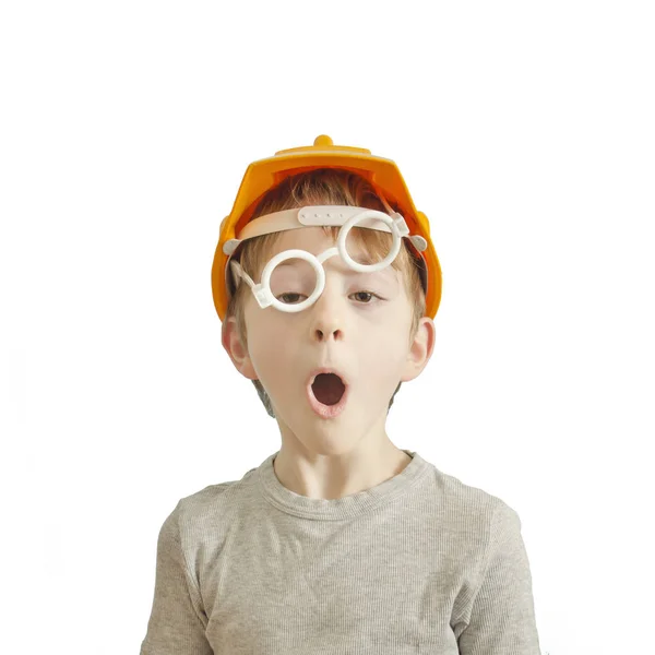 Boy Helmet Builder Glasses Surprised Face Isolate — Stock Photo, Image