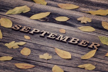 Ahşap arka plan üzerinde yazıt Eylül, çerçeve sarı yaprakları