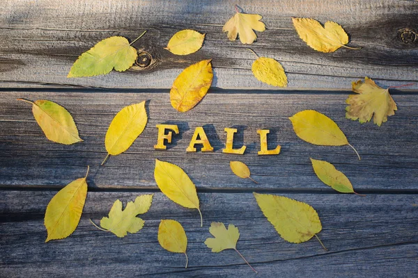 Inscription Tomber Sur Fond Bois Cadre Feuilles Jaunes — Photo