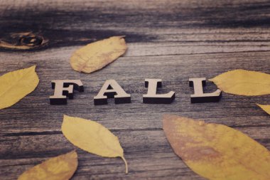 Ahşap arka plan, sarı yaprak çerçeve üzerinde yazıt Güz