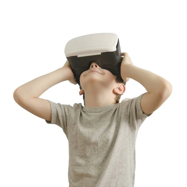 Niño Con Gafas Realidad Virtual Fondo Blanco — Foto de Stock