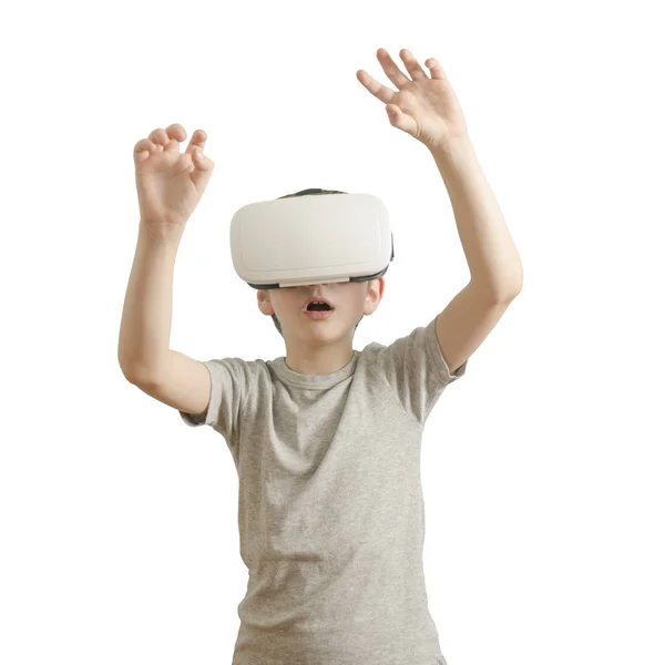 Хлопчик Окулярах Віртуальної Реальності Руки Вгору Білий Фон — стокове фото