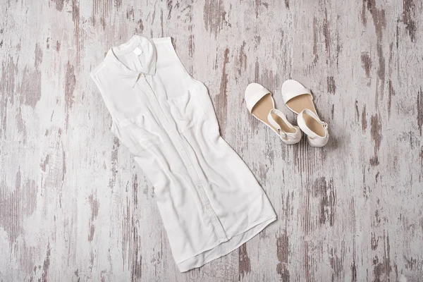 Fashionable Concept White Blouse White Shoes Top View — Stock Photo, Image