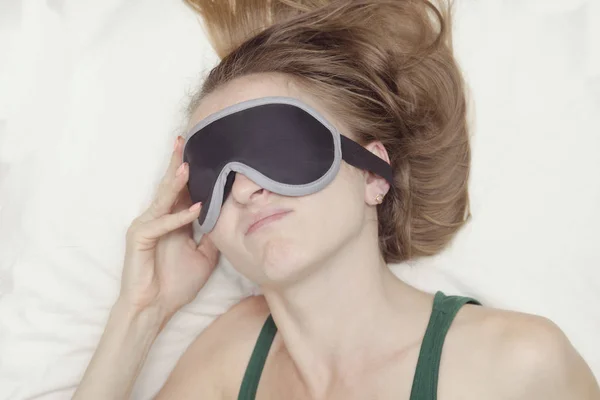 Young Woman Mask Sleep Does Want Wake — Stock Photo, Image