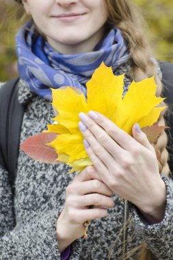 Sarı akçaağaç kadın elinde bırakır. Yakın çekim