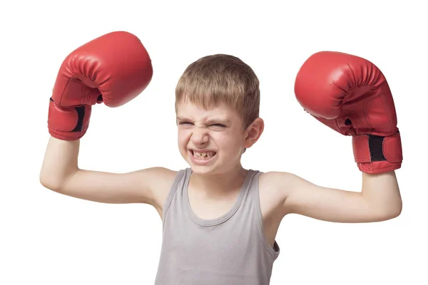 Rapaz Zangado Com Luvas Boxe Vermelhas Isolados — Fotografia de Stock