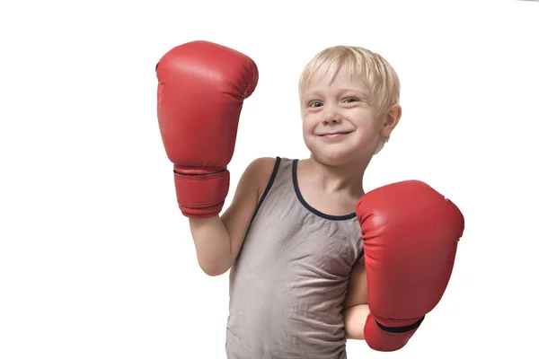 Charmant Garçon Blond Gants Boxe Rouges Concept Sportif Isoler — Photo