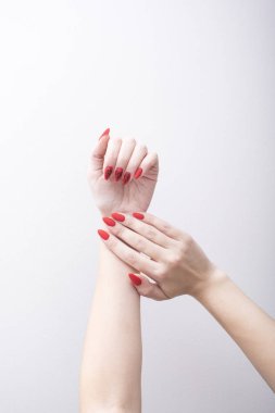 Kırmızı manikür sahip bir modeldir. Beyaz bir arka plan üzerinde eller