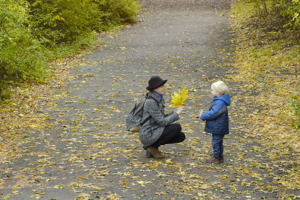 Blond Boy Gives His Mother Bouquet Yellow Leaves Autumn Forest — Stock Photo, Image