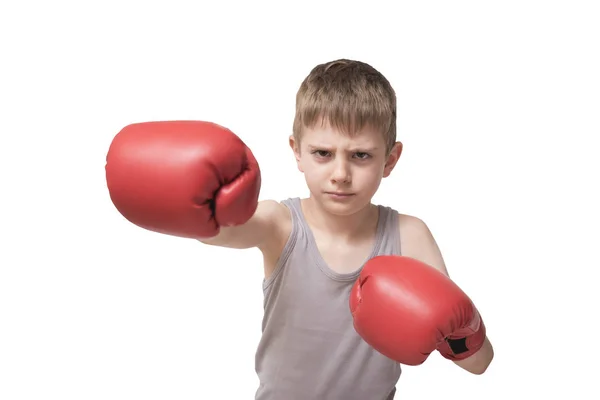 Rapaz Zangado Com Luvas Boxe Vermelhas Isolados — Fotografia de Stock