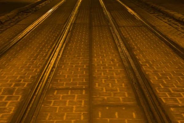 Empty Tram Rails Tiles City Concept Night Photo — Stock Photo, Image
