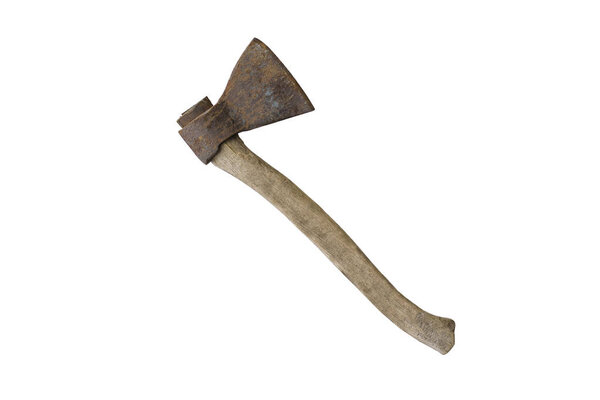 Old rusty ax in a man's hand. Isolate