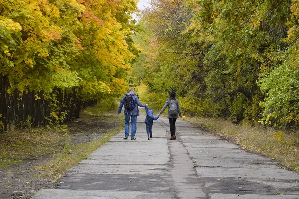Familia Con Hijo Están Caminando Parque Otoño Vista Trasera — Foto de Stock