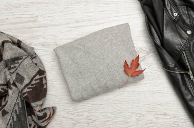 Gri kazak ile metin, bir siyah ceket, atkı ve sonbahar yaprakları için yer. Moda kavramı