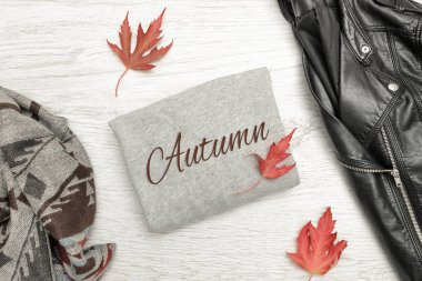 Sonbahar yazıt ile gri kazak, siyah ceket, atkı ve sonbahar yaprakları. Moda kavramı