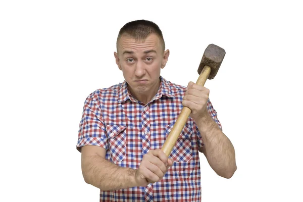 Dissatisfied Man Sledgehammer White Background Work Concept Isolate — Stock Photo, Image