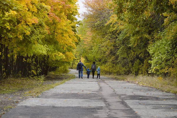 Familia Con Dos Hijos Están Caminando Parque Otoño Vista Trasera — Foto de Stock