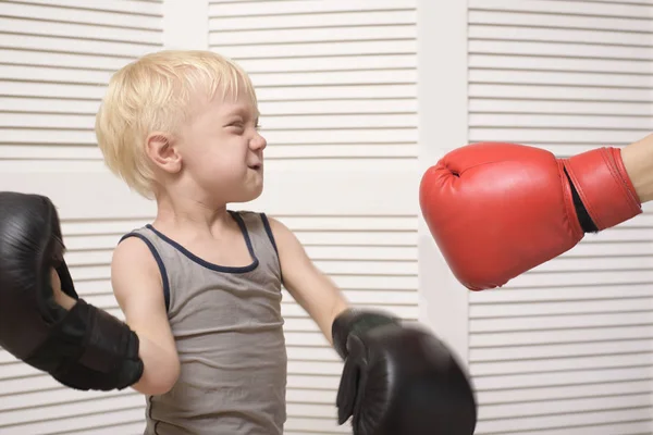 Blond Boy Boxing Hand Red Glove Emotions — Stock Photo, Image