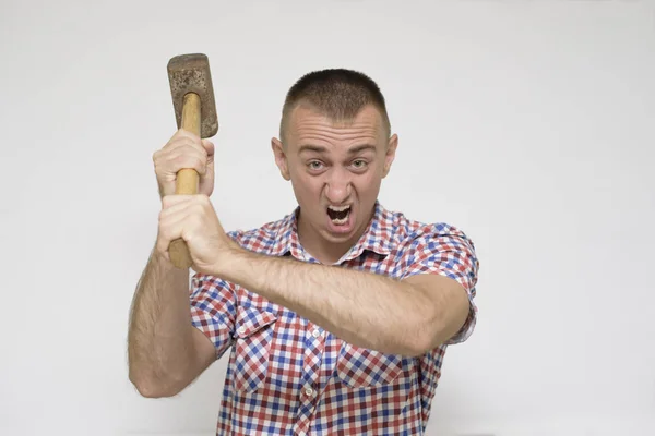 Uomo Aggressivo Con Una Mazza Sfondo Bianco Concetto Lavoro — Foto Stock