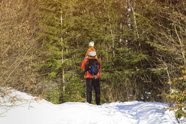 Man with backpack and son on shoulders stands against the background of snow and coniferous trees in the forest. Winter day. View from the back. Close-up