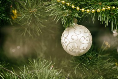 Gümüş Top Noel ağacı. Yakın çekim.