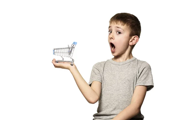 Niño Sorprendido Con Boca Abierta Sosteniendo Pequeño Carrito Compras Metal — Foto de Stock