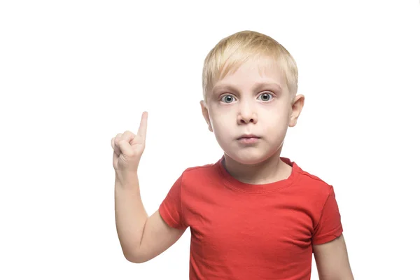 Surprised Little Blond Boy Red Shirt Stands Points Index Fingers — Stock Photo, Image