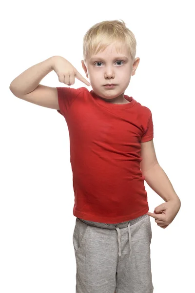 Ragazzo Biondo Con Una Camicia Rossa Alza Mostra Indice Stesso — Foto Stock