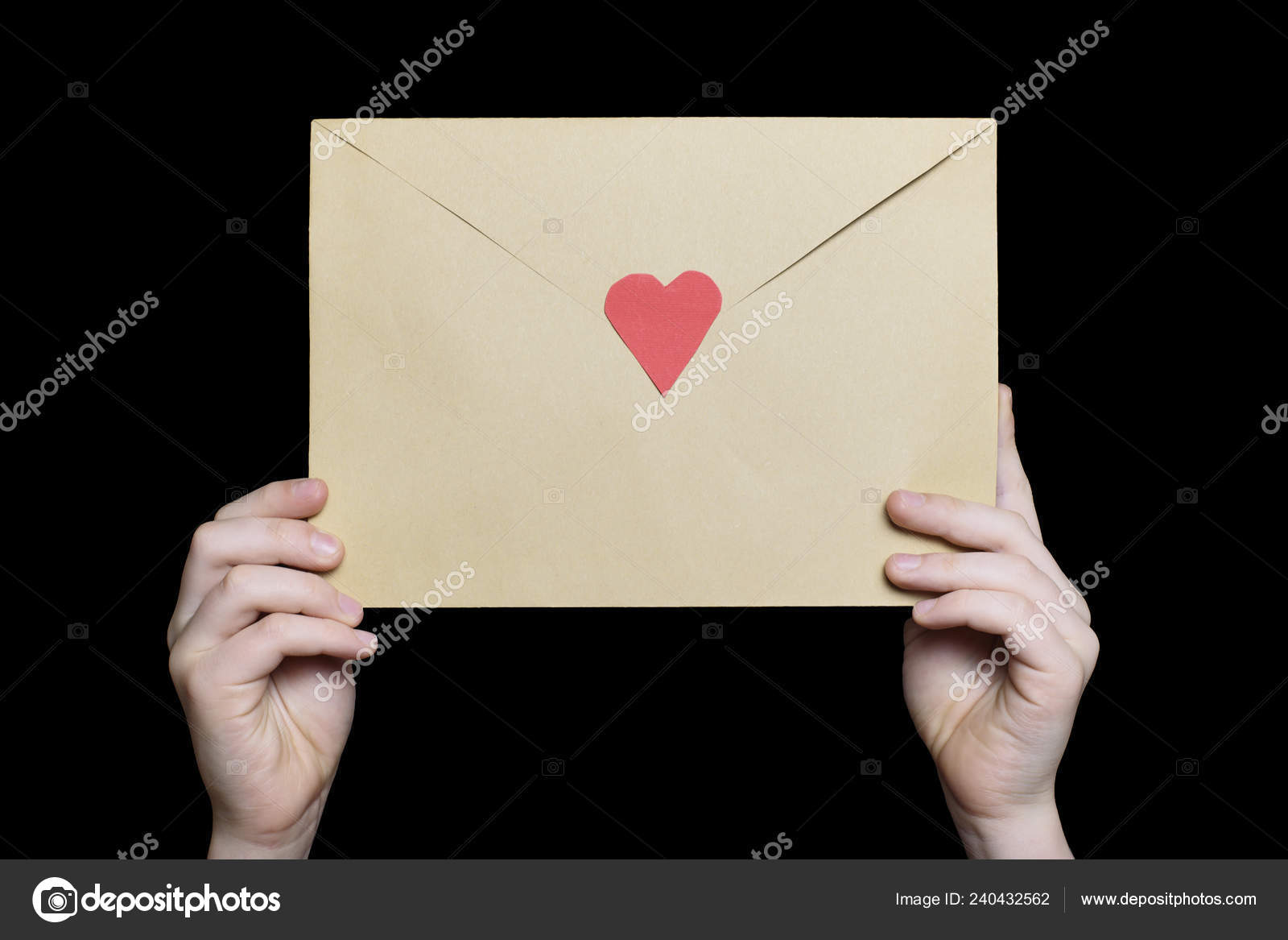 Children's Hands Hold Envelope Heart Shaped Stamp Isolate Black Background  Stock Photo by ©SomeMeans 240432562