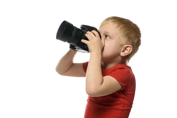 Blond Chlapec Kamerou Portrét Izolované Bílém Pozadí Boční Pohled — Stock fotografie