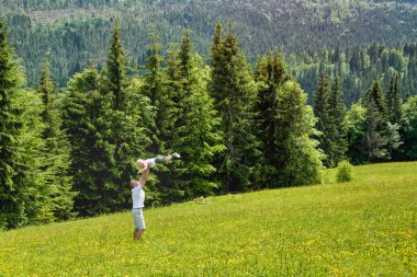 Baba bebek oğlum yeşil çam ormanlar bir arka plan üzerinde yeşil çayır atar