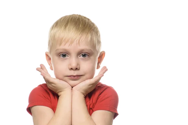 Pensif Garçon Blond Dans Shirt Rouge Plié Les Mains Son — Photo