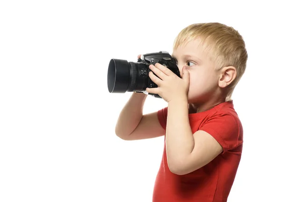 Blond Chlapec Kamerou Portrét Izolované Bílém Pozadí Boční Pohled — Stock fotografie