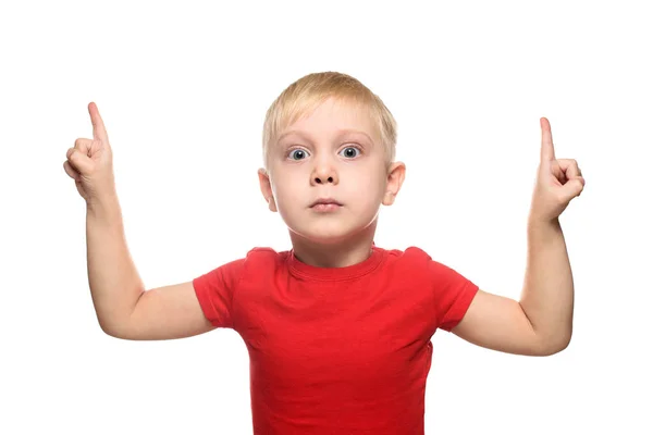 Surprised Little Blond Boy Red Shirt Stands Points Index Fingers — Stock Photo, Image