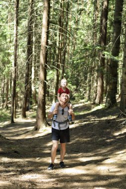 Baba ve genç oğlu onun omuzlarında bir iğne yapraklı orman üzerinde yürüme. Faaliyetleri ve Turizm.