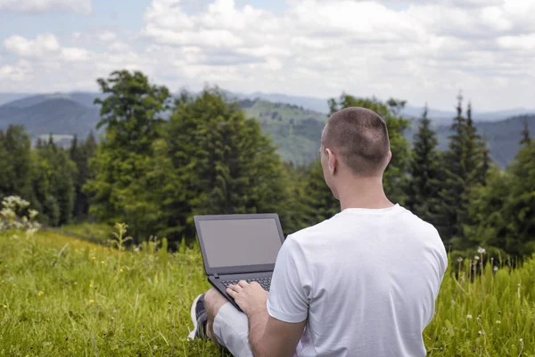 Man with laptop sitting on green grass on a background of mountains. Back view