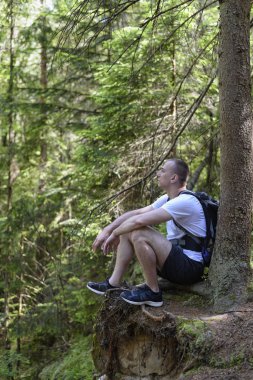 Bir sırt çantası bir iğne yapraklı orman bir uçurumun üzerinde oturan adam. Dikey Çerçeve