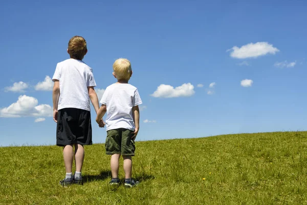 Dos hermanitos se paran tomados de la mano en un campo verde contra un cielo azul y nubes. Hermandad y amistad —  Fotos de Stock