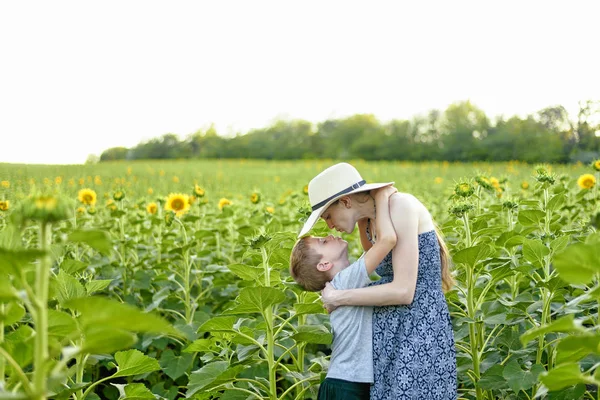 Feliz hijo pequeño besando a la madre embarazada de pie en el campo de girasoles florecientes — Foto de Stock