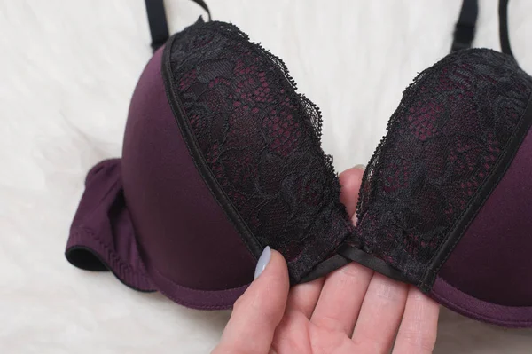 Purple bra with black lace in a female hand. Fashion lingerie concept. Close up
