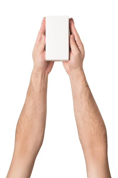 Fehér téglalap alakú doboz férfi kezében. Felülnézet. Elkülönítése — Stock Fotó