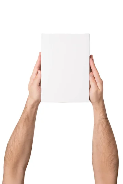 Λευκό ορθογώνιο κουτί στα χέρια αρσενικό. Το top view. Απομόνωση — Φωτογραφία Αρχείου