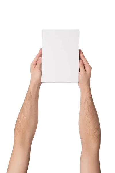 男性手中的白色长方形盒子。顶部视图。分离 — 图库照片