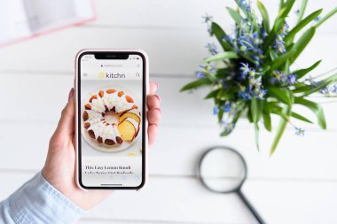 Kharkiv, Ukrayna - 10 Nisan 2019: Ekranda thekitchn.com site ile kadın elinde Apple iphone X.