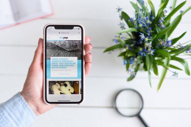 Kharkiv, Ukrayna - 10 Nisan 2019: Kadın ekranda icepop.com site ile Apple iphone X tutar.