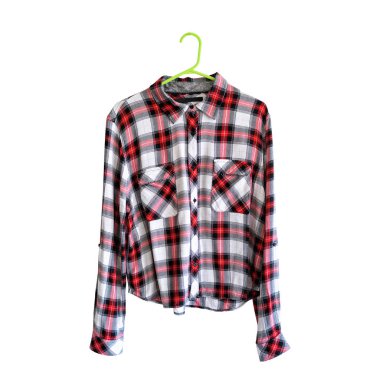 Red and white checkered shirt on a hanger. White background. Isolate clipart