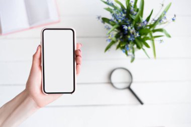 Akıllı telefonlu kadın eli. Beyaz boş ekran. Arka planda dizüstü bilgisayar ve çiçekleriçeren tablo