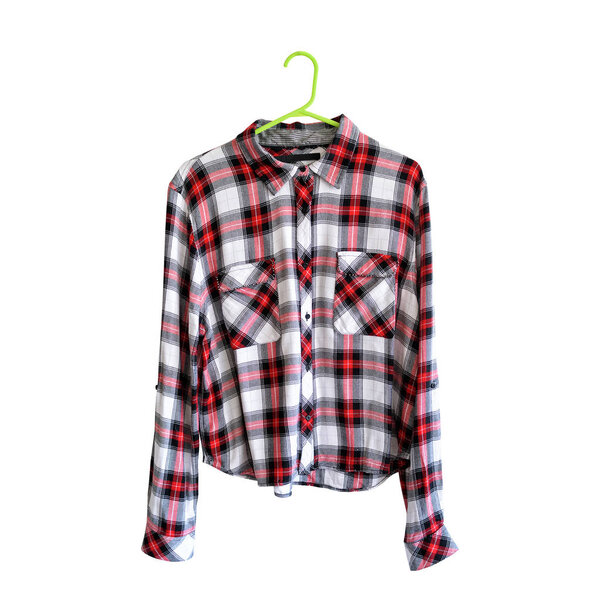 Red and white checkered shirt on a hanger. White background. Isolate