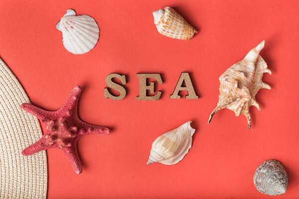 Word Sea from wooden letters. Seashells, starfish and part of a hat. Live coral background. Marine concept